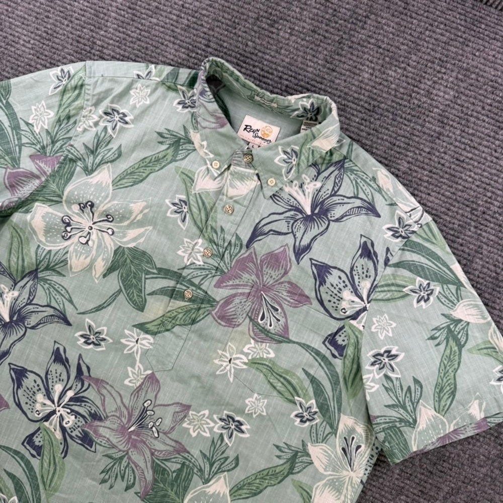 Reyn Spooner Green Floral Lily Popover Aloha Shirt Men Large Short Sleeve Casual